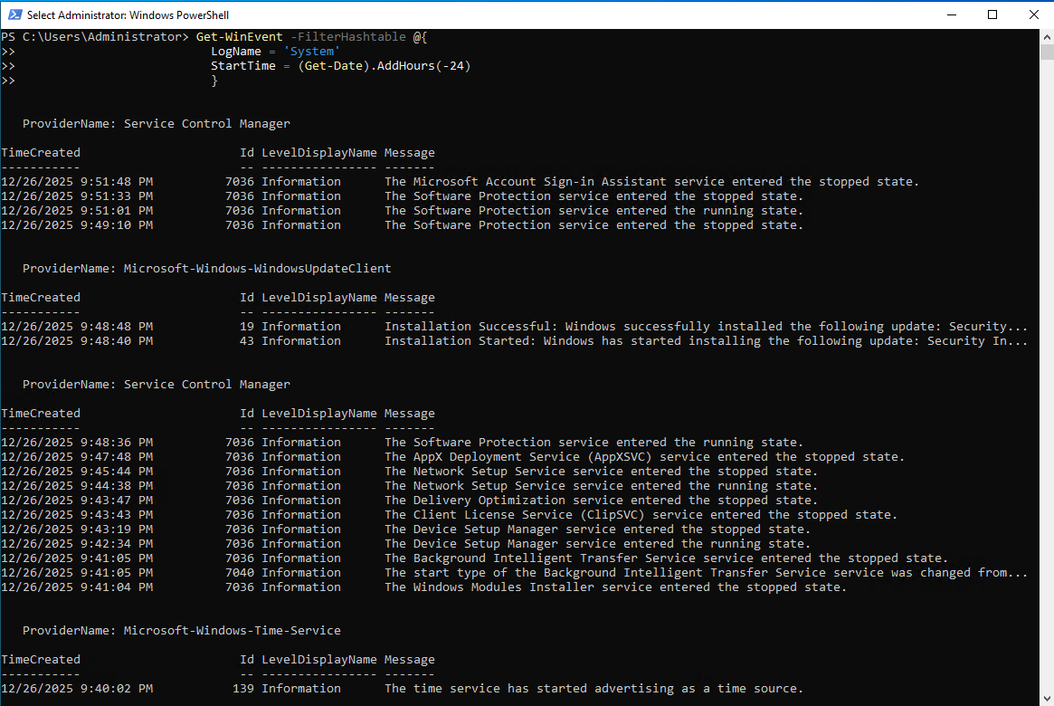 Time-filtered system events